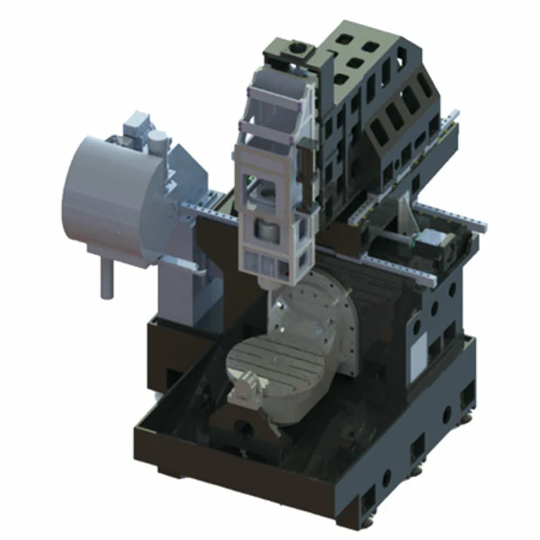5 axis CNC machining center structure 3D model showing machine frame and axis layout