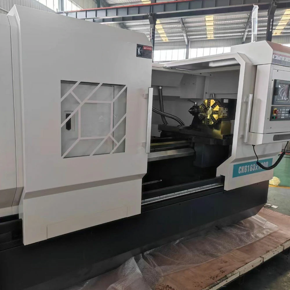 CK6163 CNC lathe flat-bed structure showing spindle chuck and linear guideways for precision turning