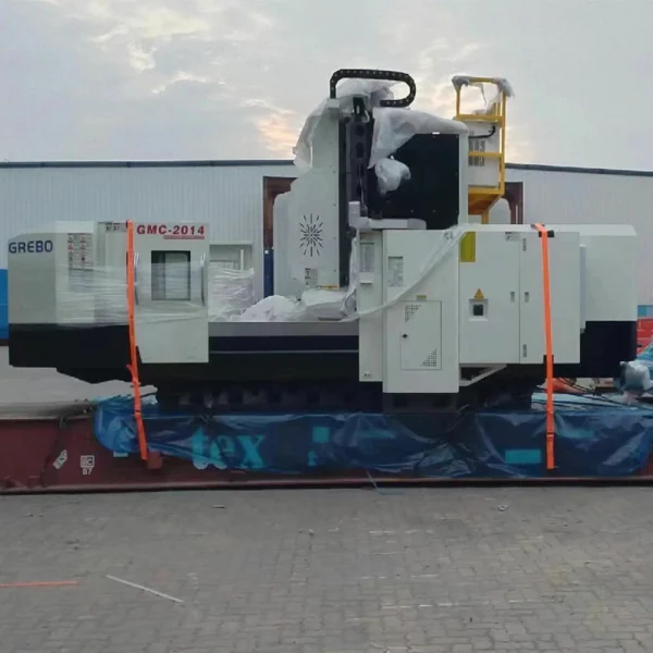 Gantry machining center securely packed and loaded at port for international export delivery