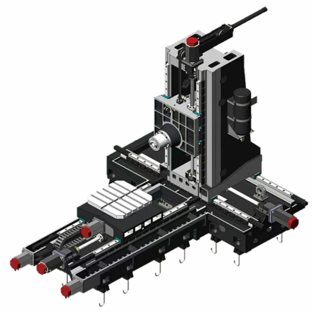 HMC630 horizontal machining center showing T-bed structure BT50 spindle pallet and HIWIN roller guideways for multi-face box part machining
